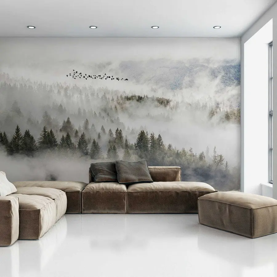 fotószőnyeg Köd erdő és madarak u13823