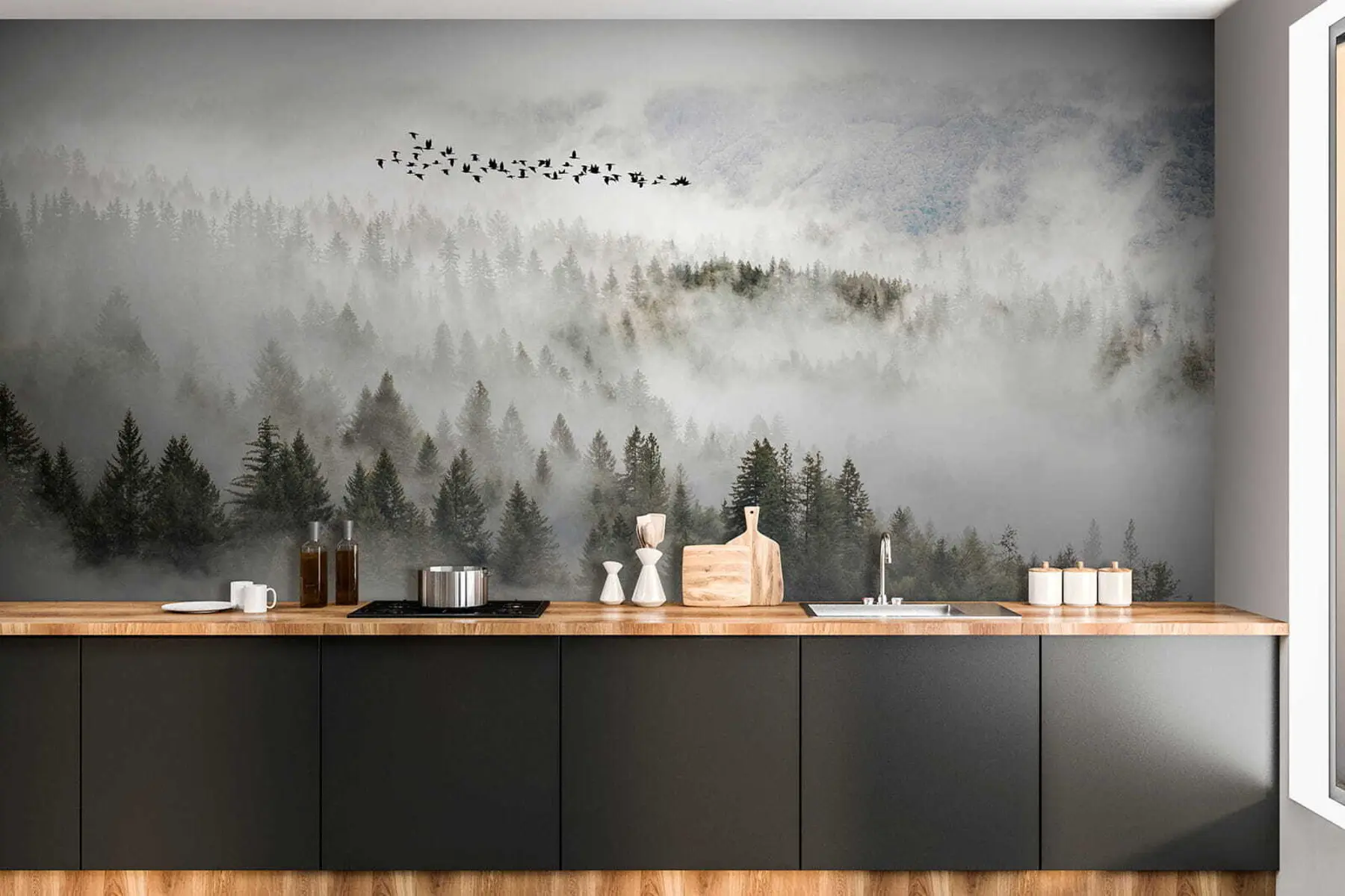 fotószőnyeg Köd erdő és madarak u13823