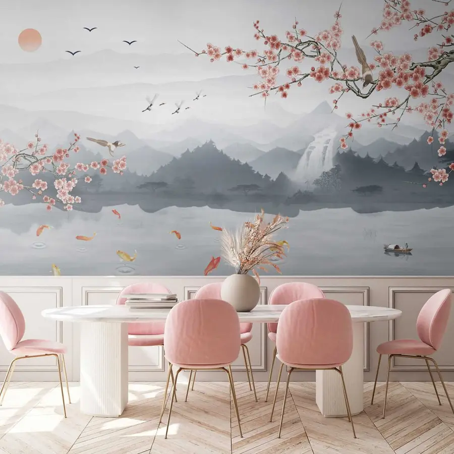 fotószőnyeg Sakura a háttérben a tó és a hegyek u28840