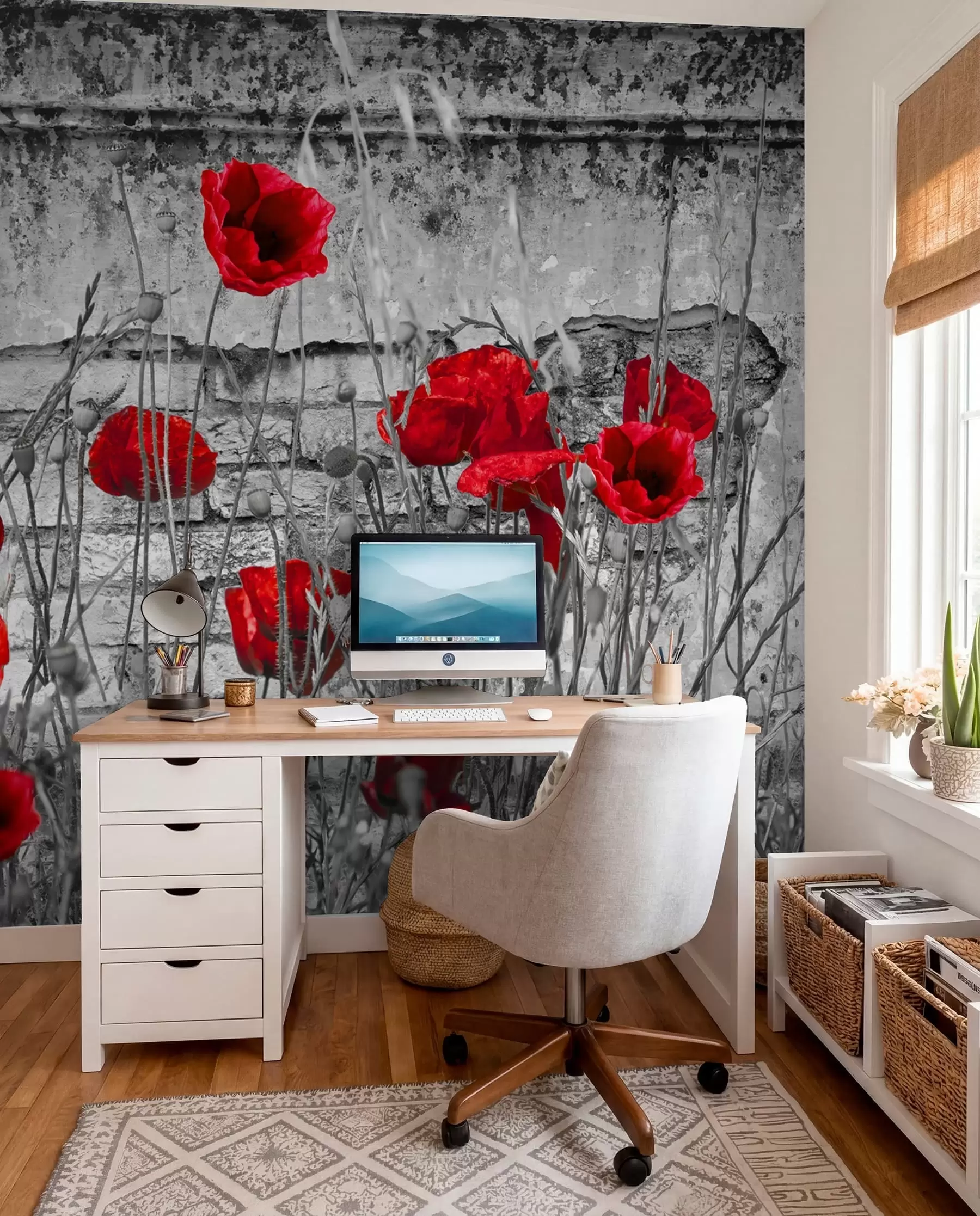 fotószőnyeg Fényes pipacsok a fal hátterében u40552
