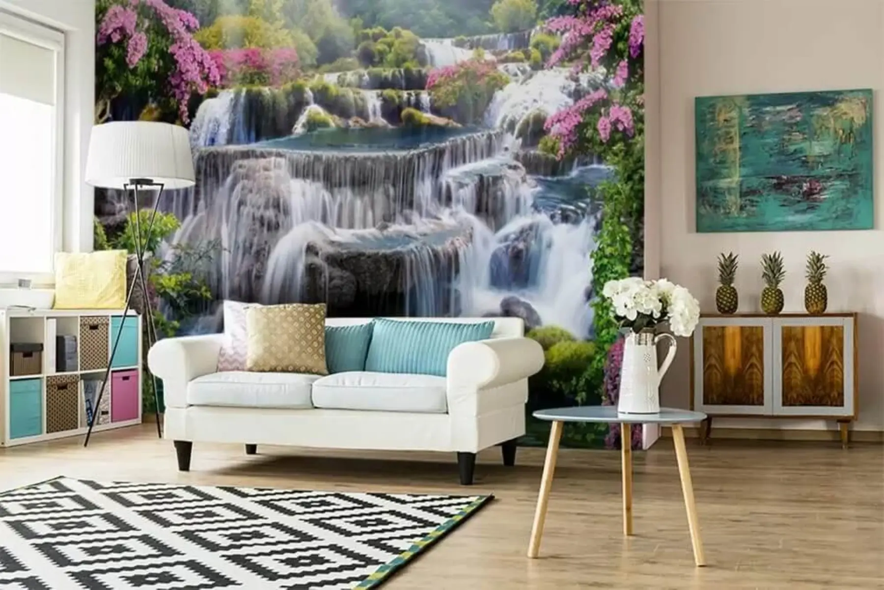fotószőnyeg Vízesés és virágzó fák u60065
