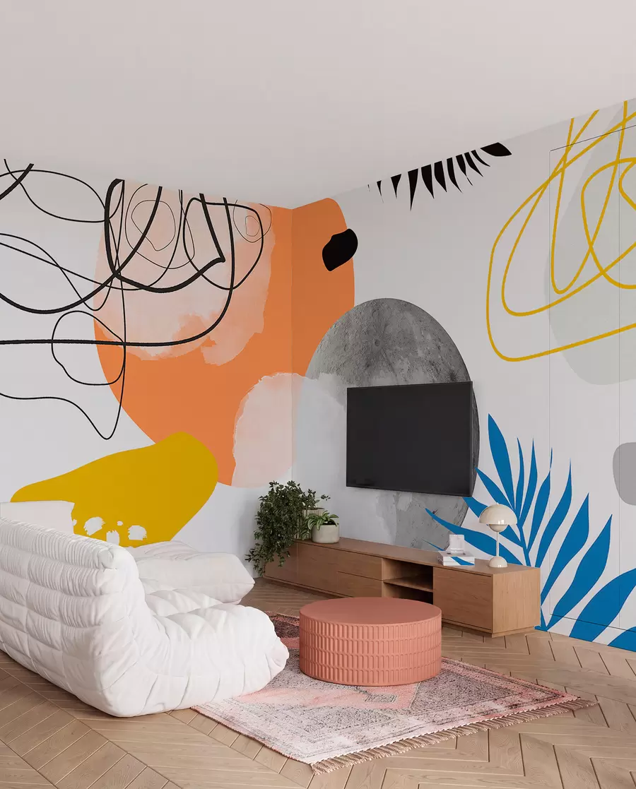 fotószőnyeg Absztrakt modern, minimalizmus, bohó, geometria, akvarell foltok, telihold, pálmalevél sziluett, topográfia, bonyolultság, narancs, sárga, szürke w00508