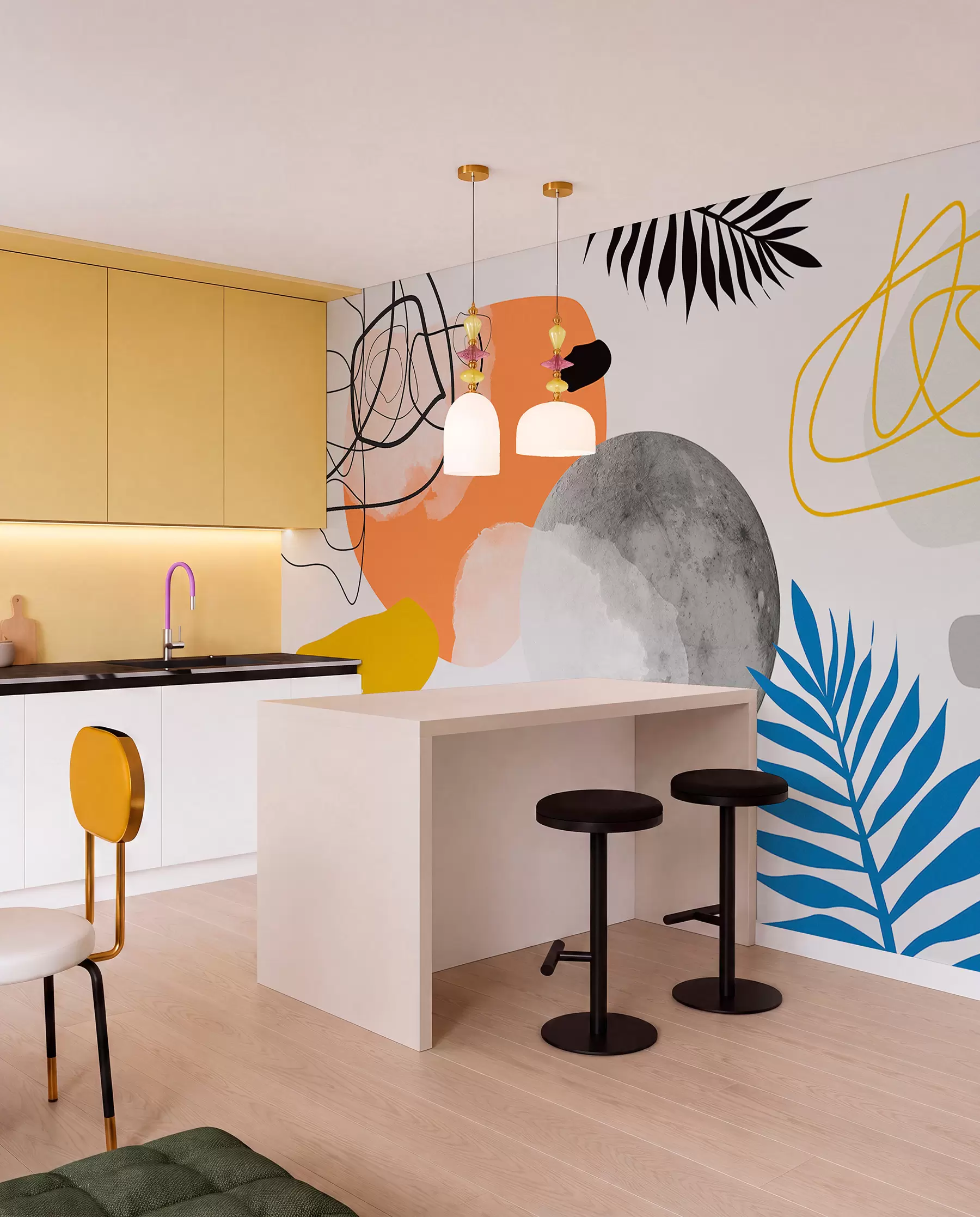 fotószőnyeg Absztrakt modern, minimalizmus, bohó, geometria, akvarell foltok, telihold, pálmalevél sziluett, topográfia, bonyolultság, narancs, sárga, szürke w00508