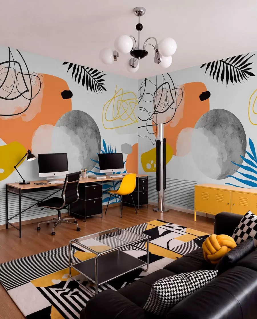 fotószőnyeg Absztrakt modern, minimalizmus, bohó, geometria, akvarell foltok, telihold, pálmalevél sziluett, topográfia, bonyolultság, narancs, sárga, szürke w00508