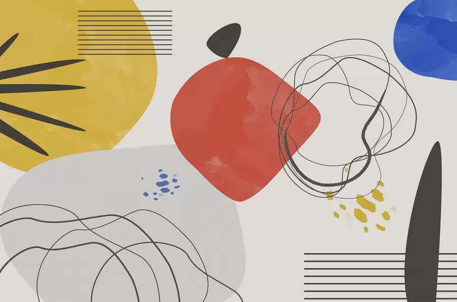 fotószőnyeg Absztrakció modern, fényes folt, boho, geometria, domborzat, görbék, vonalak, piros, sárga, kék, fekete w00514