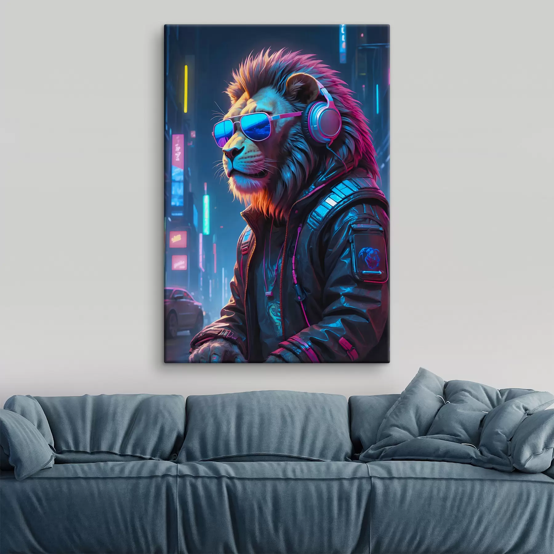 fotószőnyeg Oroszlán a neon város hátterében s38169