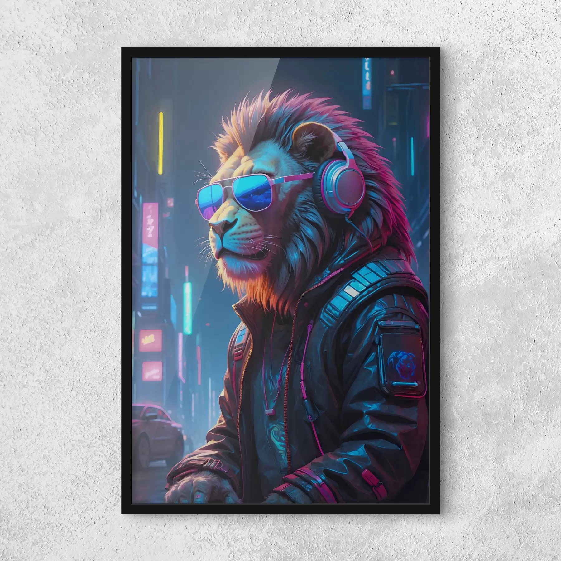 fotószőnyeg Oroszlán a neon város hátterében f38169