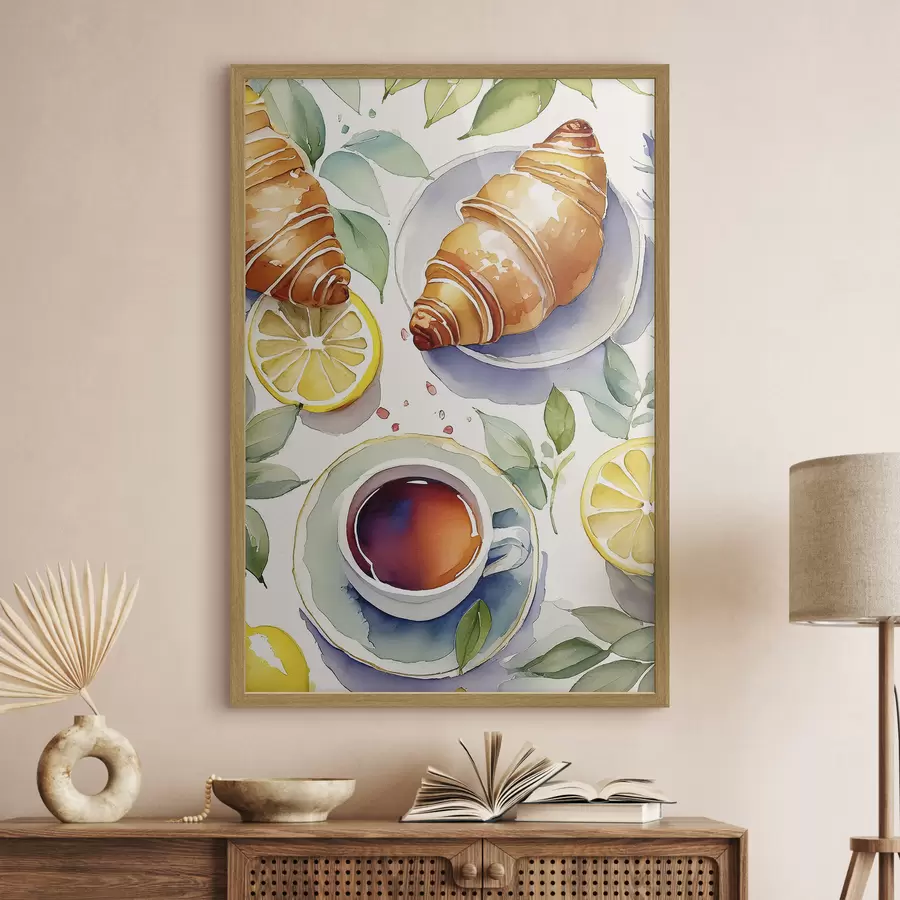 fotószőnyeg Croissant akvarell, csésze tea, reggeli, citrom, rusztikus stílusban f38389
