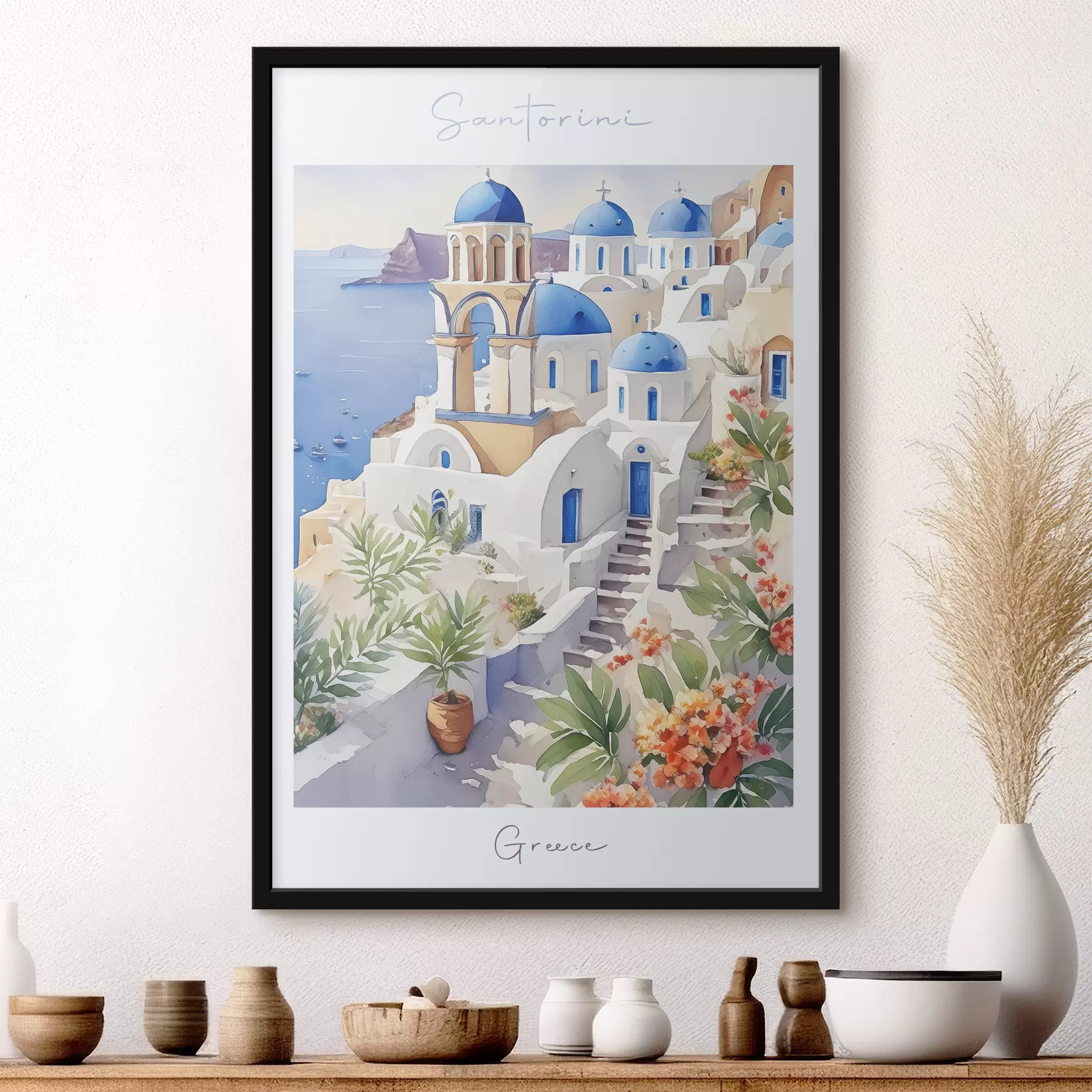 fotótapéta Santorini, Görögország építészet, akvarell, nyár, Földközi-tenger partja f38400