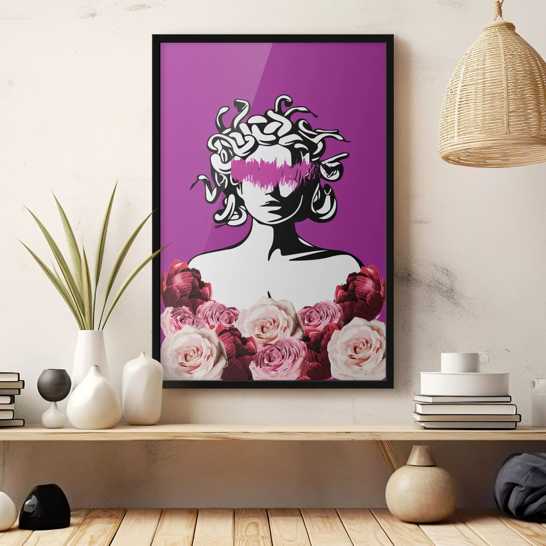 fotószőnyeg Gorgon Medusa rózsaszín háttér virágokkal f38567v2