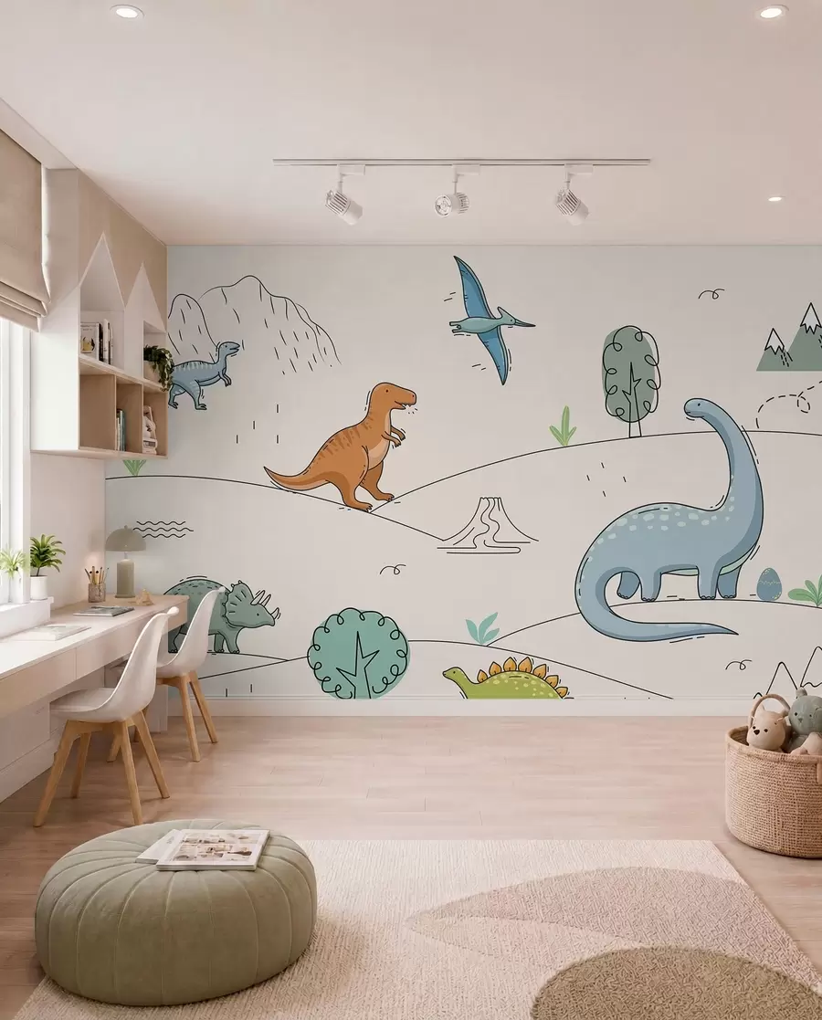 fotószőnyeg Színes dinoszauruszok a dombokon w00637