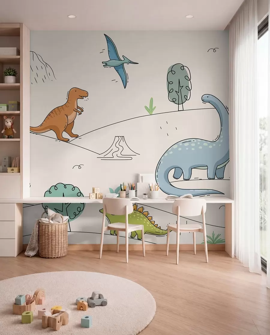 fotószőnyeg Színes dinoszauruszok a dombokon w00637