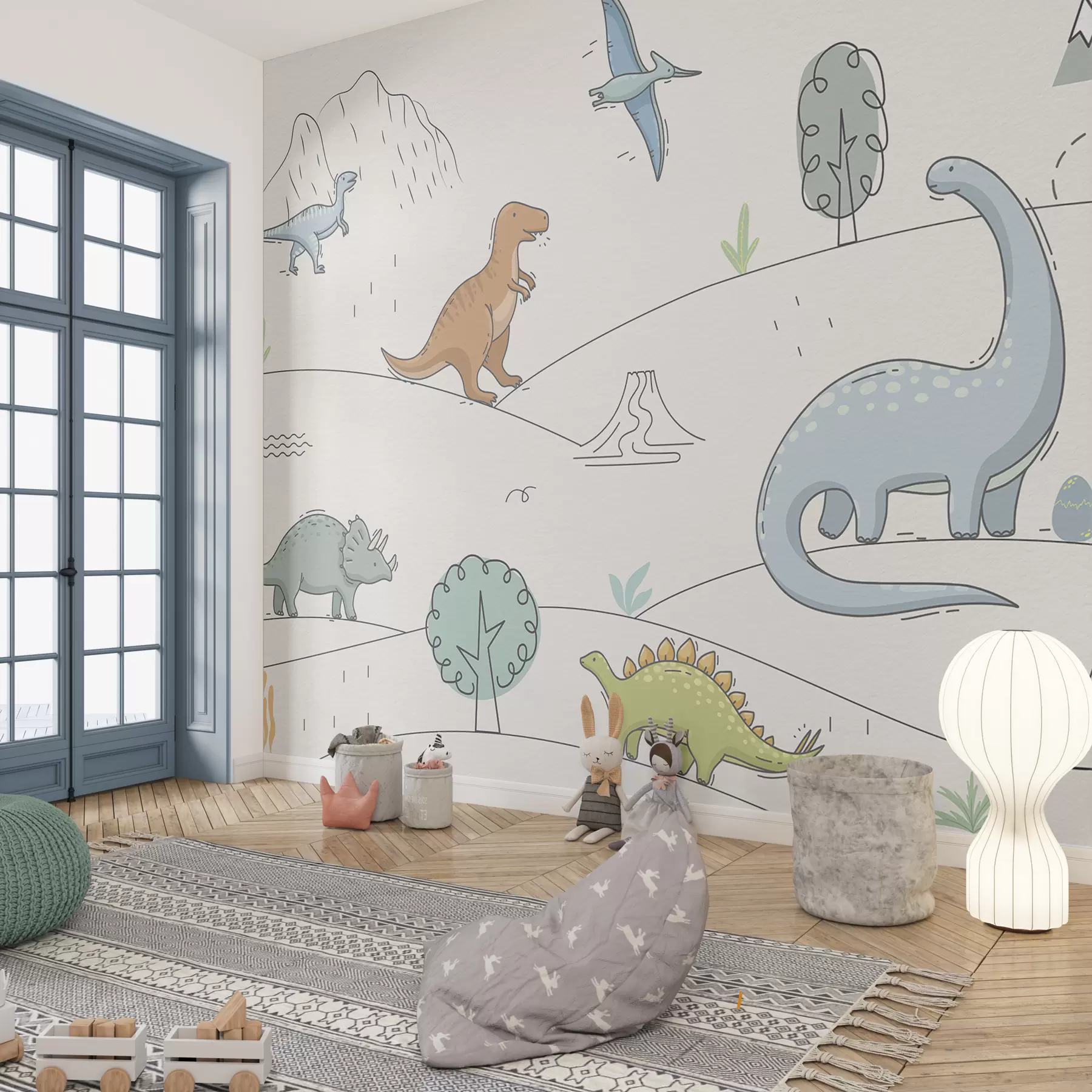fotószőnyeg Színes dinoszauruszok a dombokon w00637