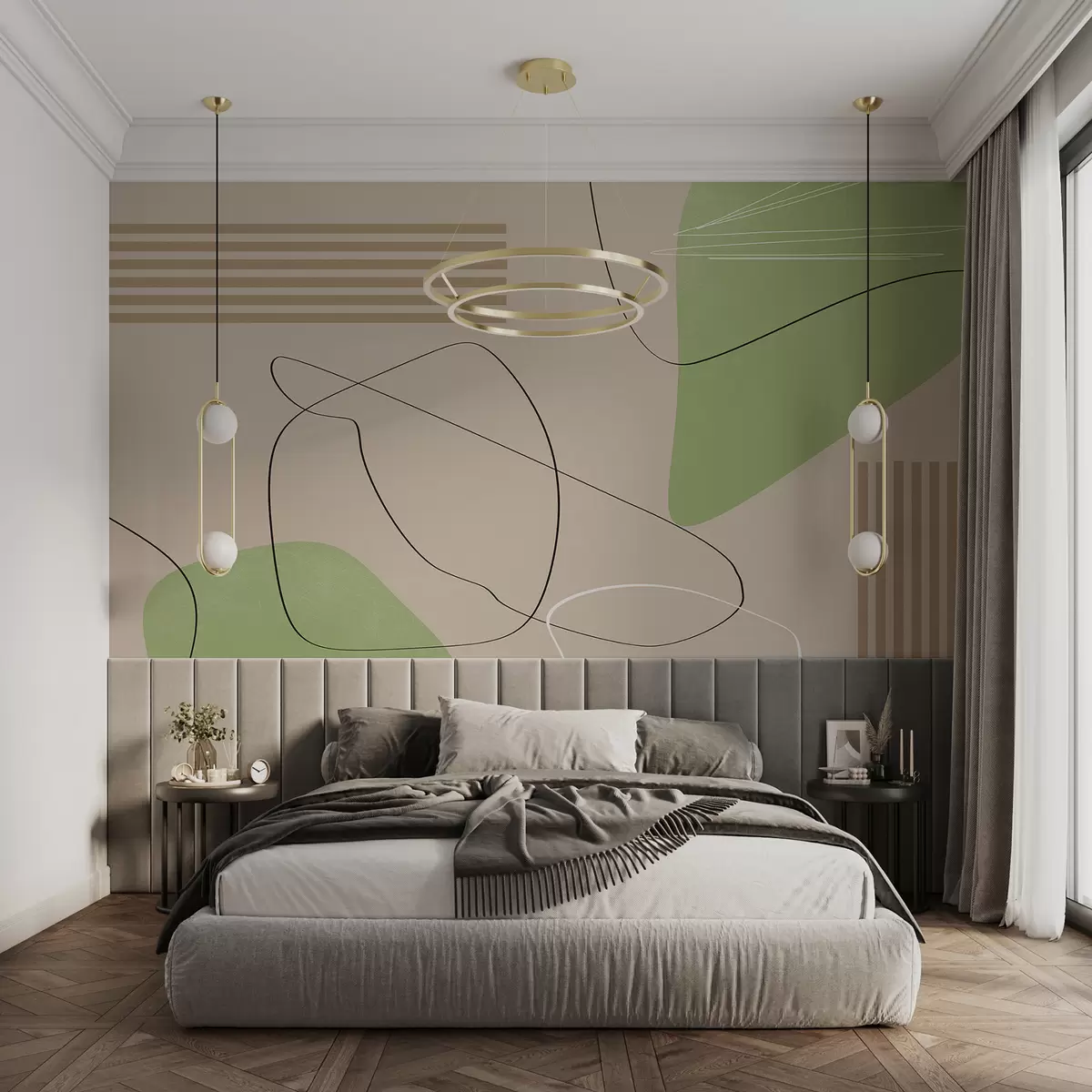 fotószőnyeg Boho absztrakció, foltok, vonalak, csíkok, texturált, geometrikus, minimalista, bézs és zöld w00724v1
