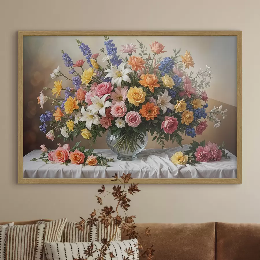 fotószőnyeg Különböző színes virágok élénk csokor üvegvázában, fehér terítőn, festmény vintage f38825