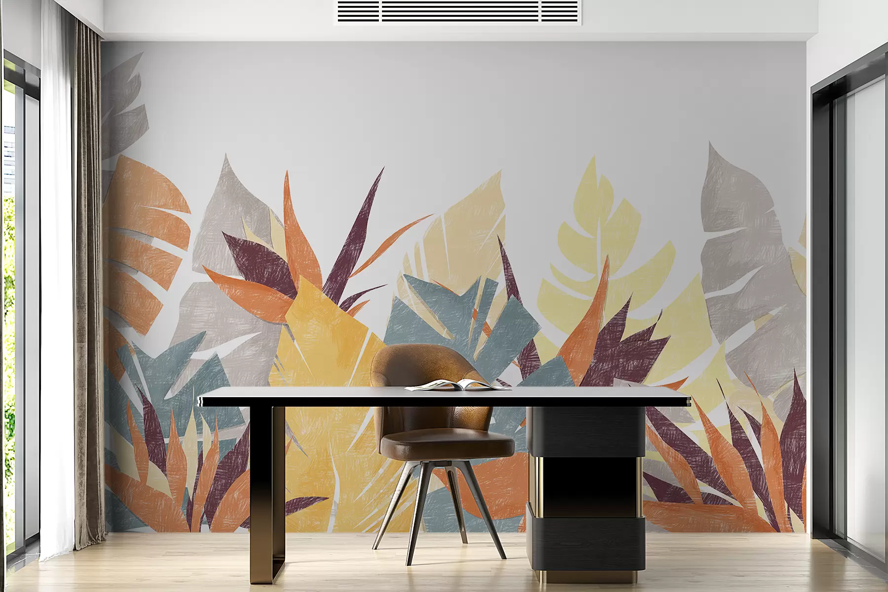 fotószőnyeg Pálmalevelek, trópusok, növényi sziluettet imitáló ceruza, virág, kék, sárga, narancs, szürke, lila, szín w00790v1