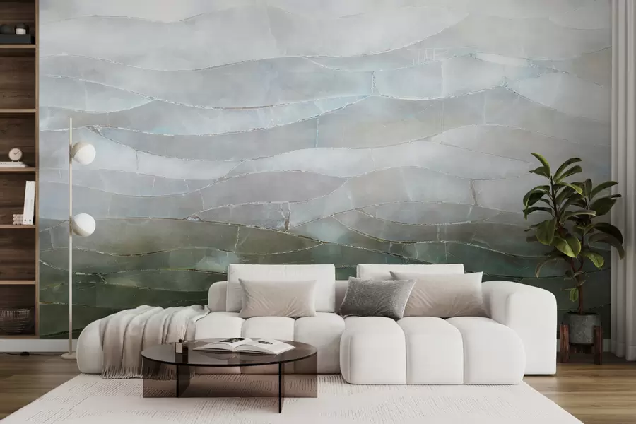 fotószőnyeg Texturált ködös, dombos, absztrakt színátmenetes táj gördülő zöld mezőkkel a ködön keresztül w00795