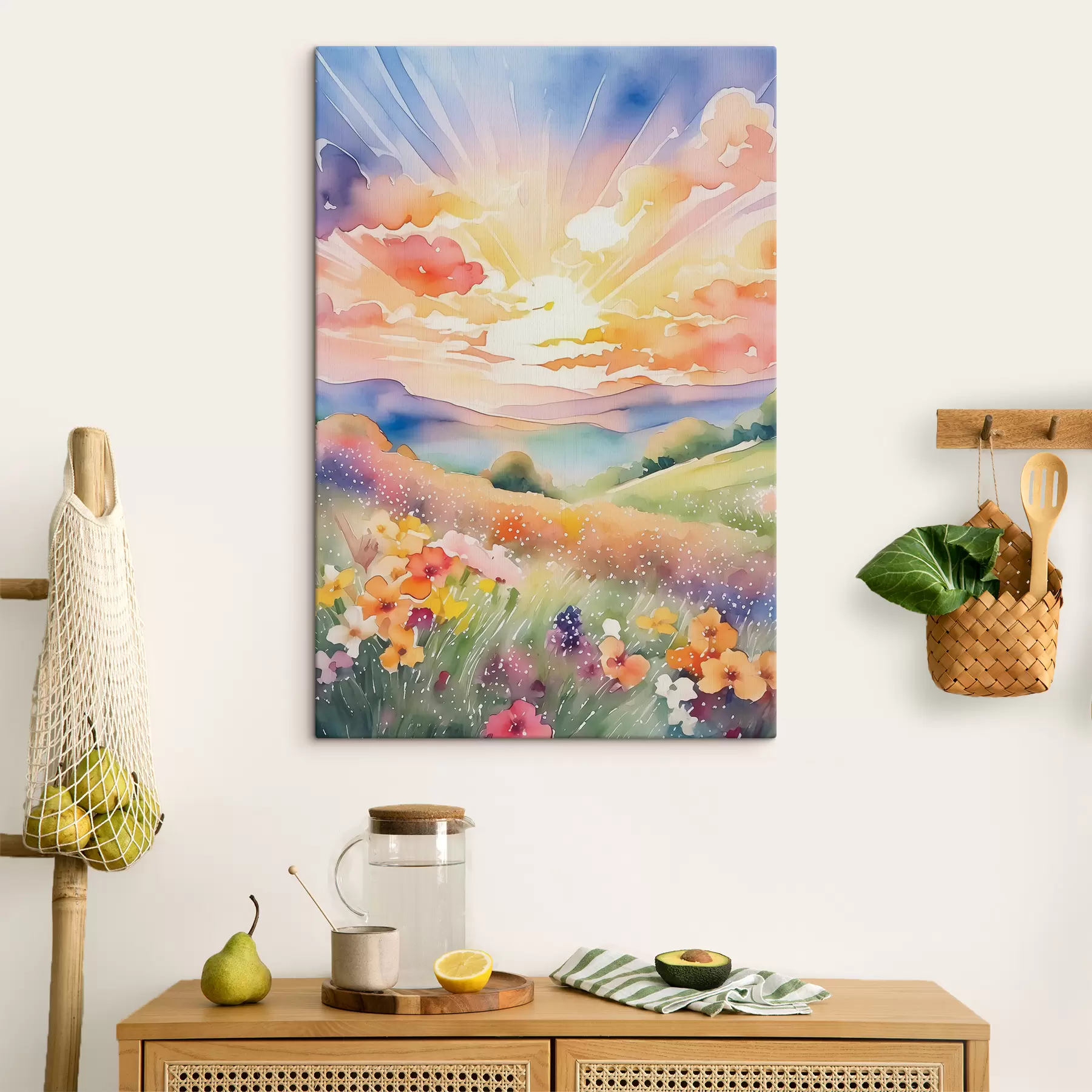 fotótapéta Naplemente a nyári mezőben, virágok, nap, színes égbolt, felhők, természet s38842