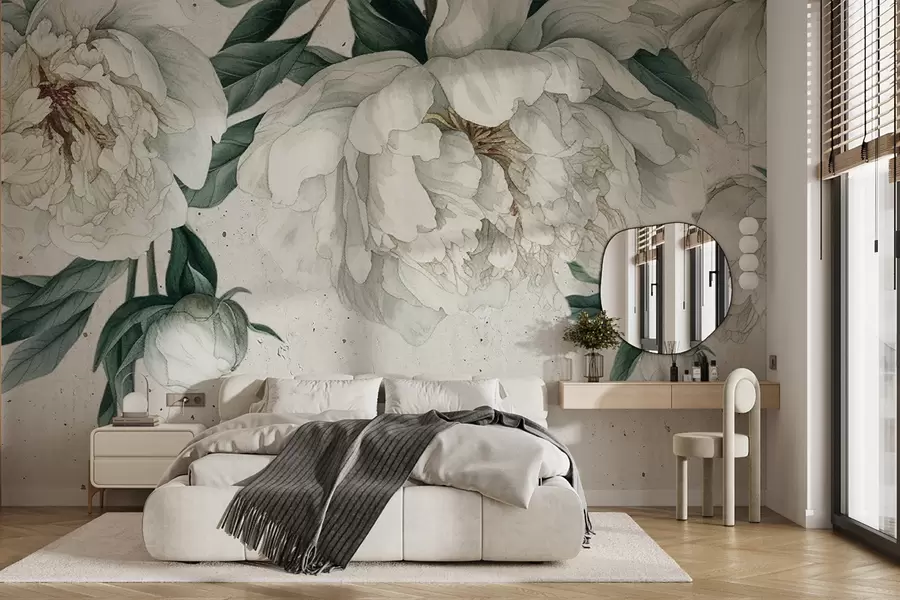 fotószőnyeg Fehér nagy bazsarózsa, zöld levelekkel, világos textúrájú háttérrel w00837