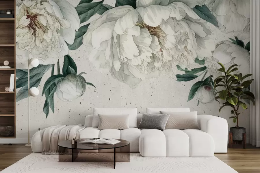 fotószőnyeg Fehér nagy bazsarózsa, zöld levelekkel, világos textúrájú háttérrel w00837