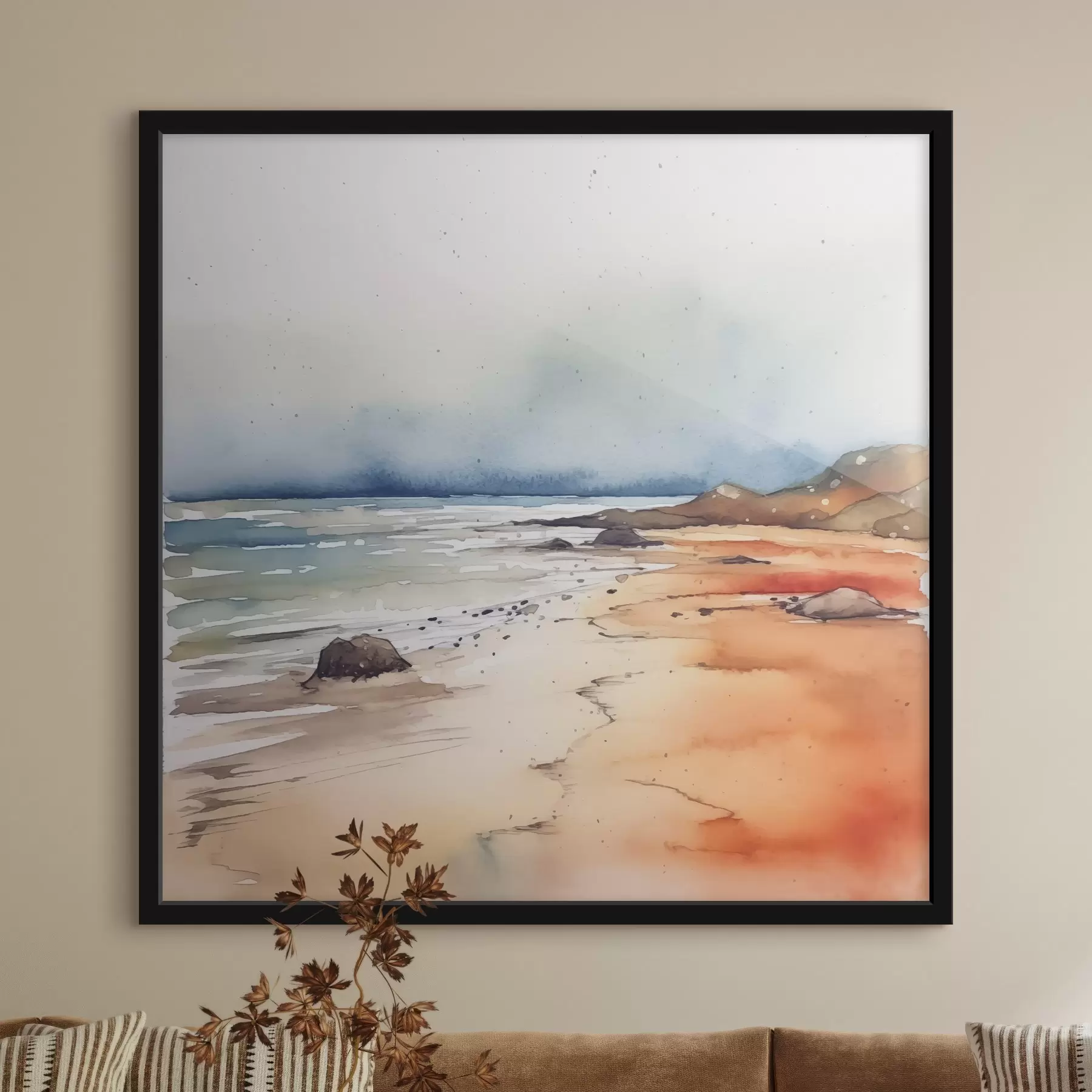 fotószőnyeg Tenger és tengerpart, eső, akvarell, foltok, táj, tájkép, kék, narancssárga színű f38936