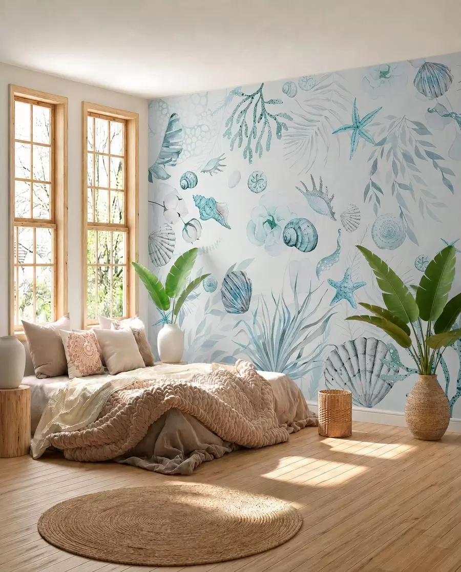 fotószőnyeg Akvarell tengeri minta, boho stílus, kagylókból, korallok, pamut, kék színek w00851v1
