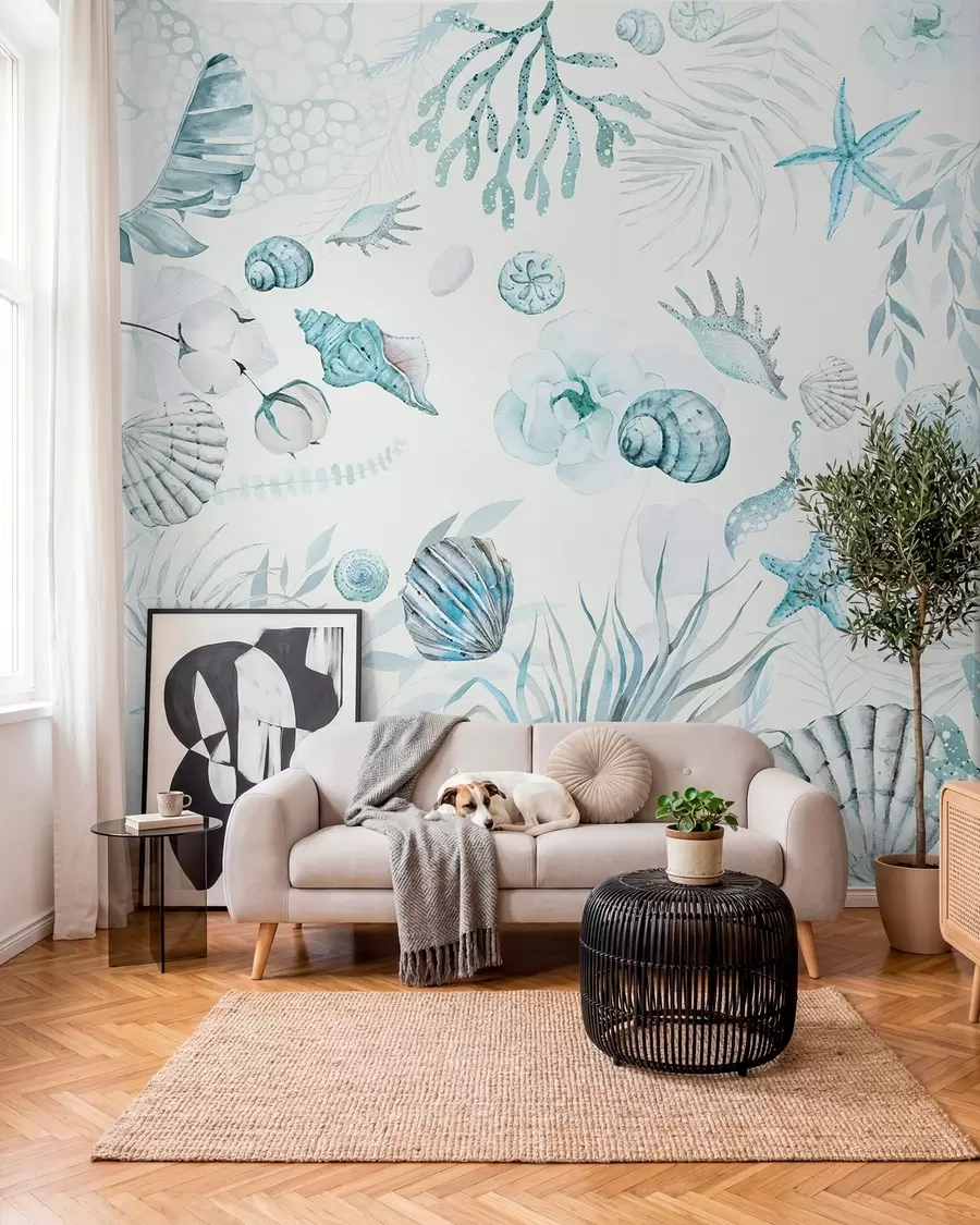 fotószőnyeg Akvarell tengeri minta, boho stílus, kagylókból, korallok, pamut, kék színek w00851v1