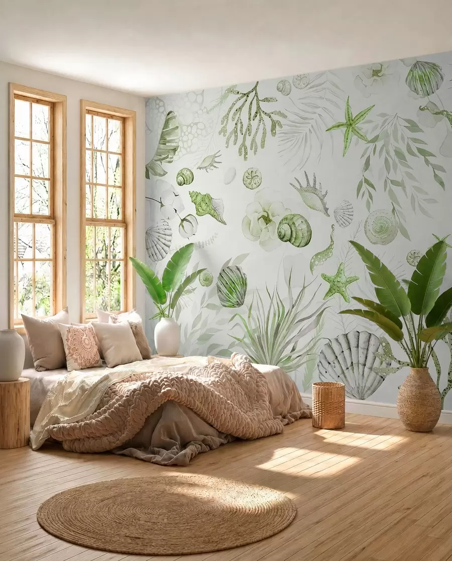 fotószőnyeg Akvarell tengeri minta, boho stílus, kagylókból, korallok, pamut, zöld színek w00851v2