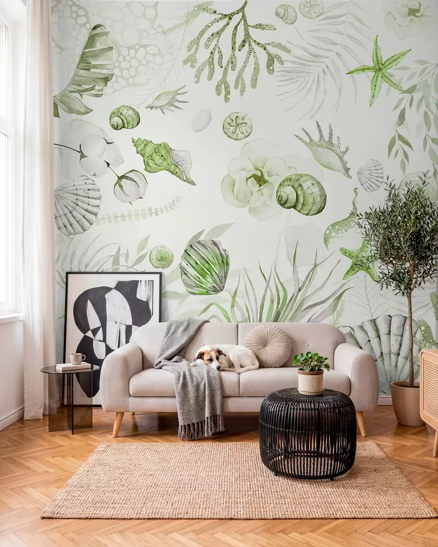 fotószőnyeg Akvarell tengeri minta, boho stílus, kagylókból, korallok, pamut, zöld színek w00851v2