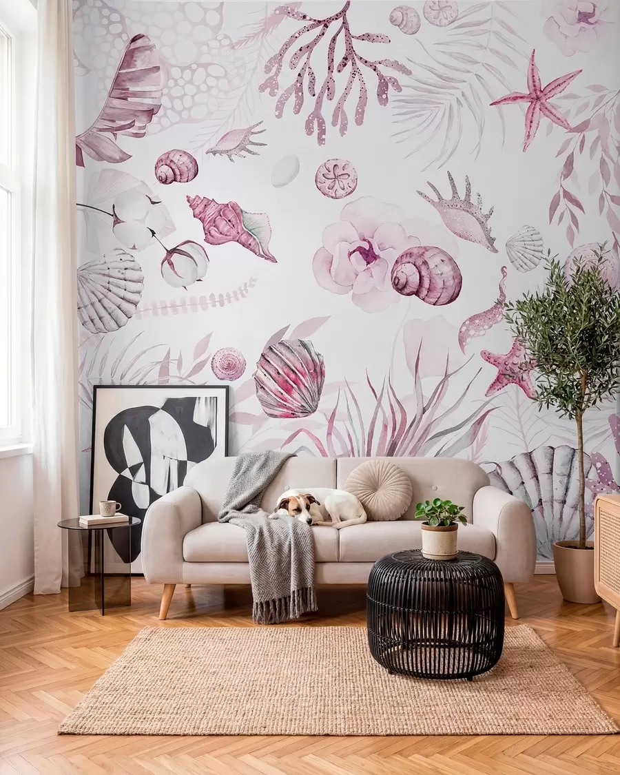 fotószőnyeg Akvarell tengeri minta, boho stílus, kagylókból, korallok, pamut, rózsaszín színek w00851v3