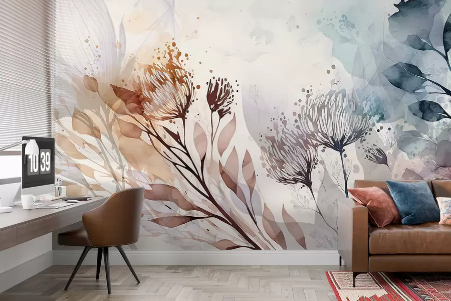 fotószőnyeg Finom virágos absztrakt, stilizált virágok és növényi formaelemek tompa, földes tónusú akvarell művészetben w00898