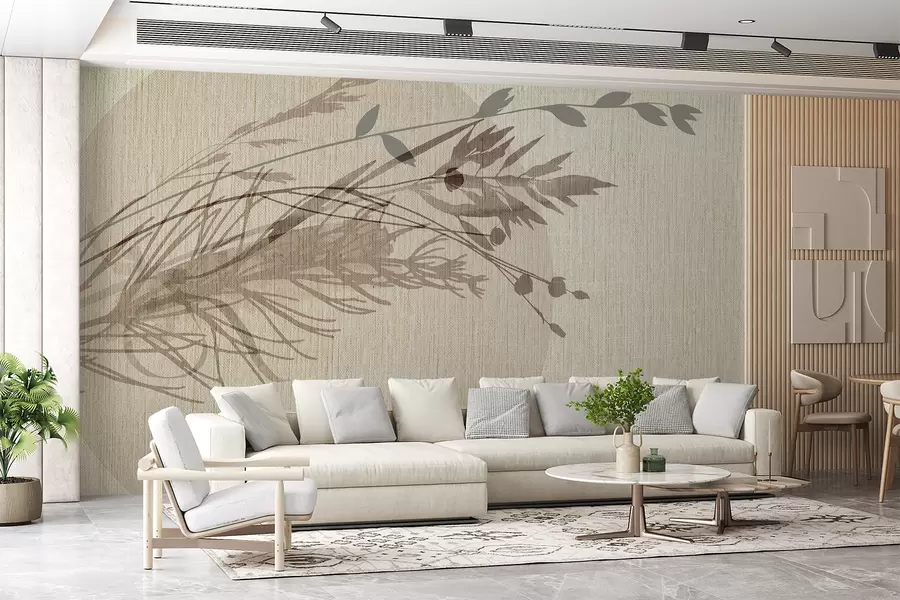 fotószőnyeg Minimalista illusztrációja egy kör alakú absztrakt növényszerű elemekkel, tompa földtónusokkal w00902