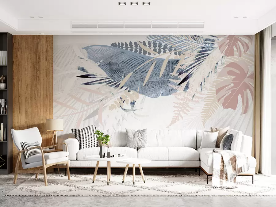 fotószőnyeg Modern botanikai tervezésű, trópusi textúrájú pálmalevél minta a kék, szürke és rózsaszín különböző árnyalataival w00908