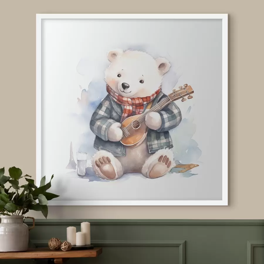 fotószőnyeg Jegesmedve zenész egy kék kockás öltönyben és piros sál játszik a gitáron akvarell illusztráció gyermekeknek f39120