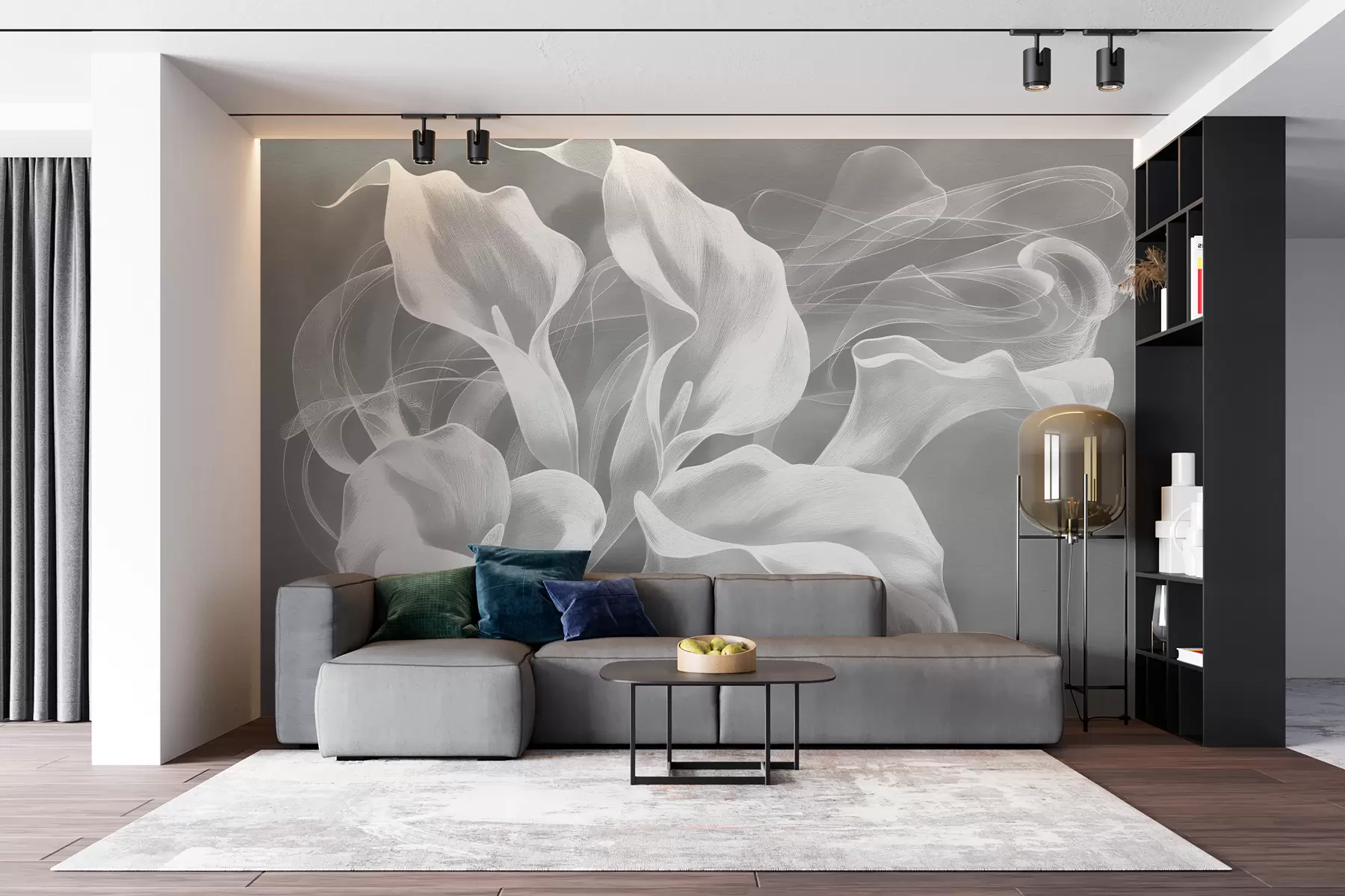 fotószőnyeg absztrakt virágok fátyollal, szürke háttéren w01196v4