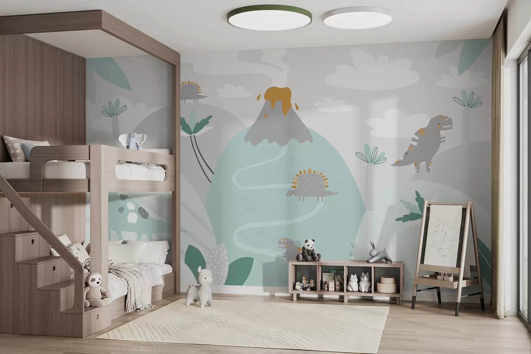 fotószőnyeg hegyek, vulkán és dinoszauruszok kék tónusokkal w00937