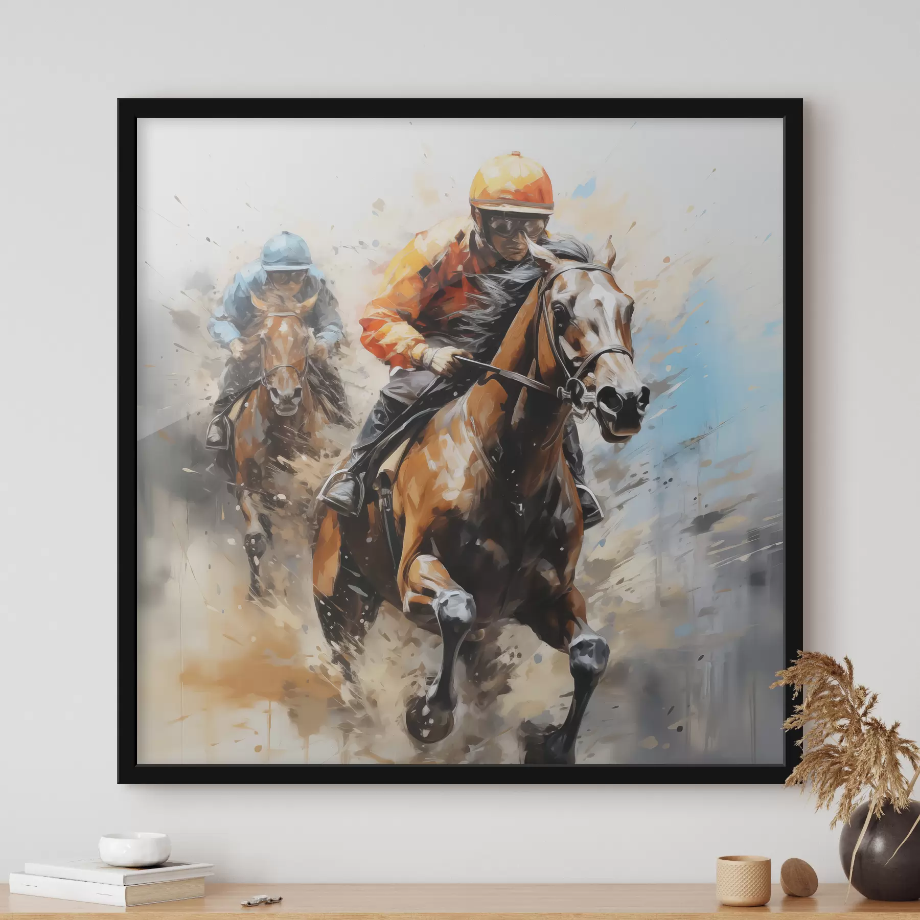 fotószőnyeg Lovasok galoppoznak a lovakon a hippodromban, emberek, olajfestmény, kék, narancssárga, barna f39190