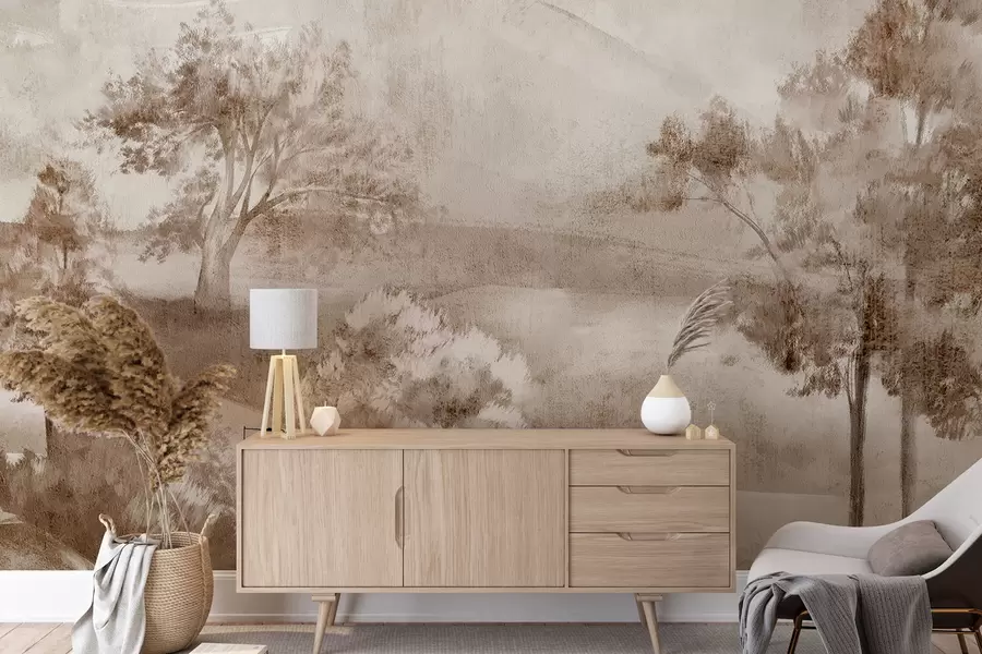 fotószőnyeg Tájkép egy ködös vidéki jelenetről, amelyet buja fák és barna árnyalatú lombok vesznek körül w01247