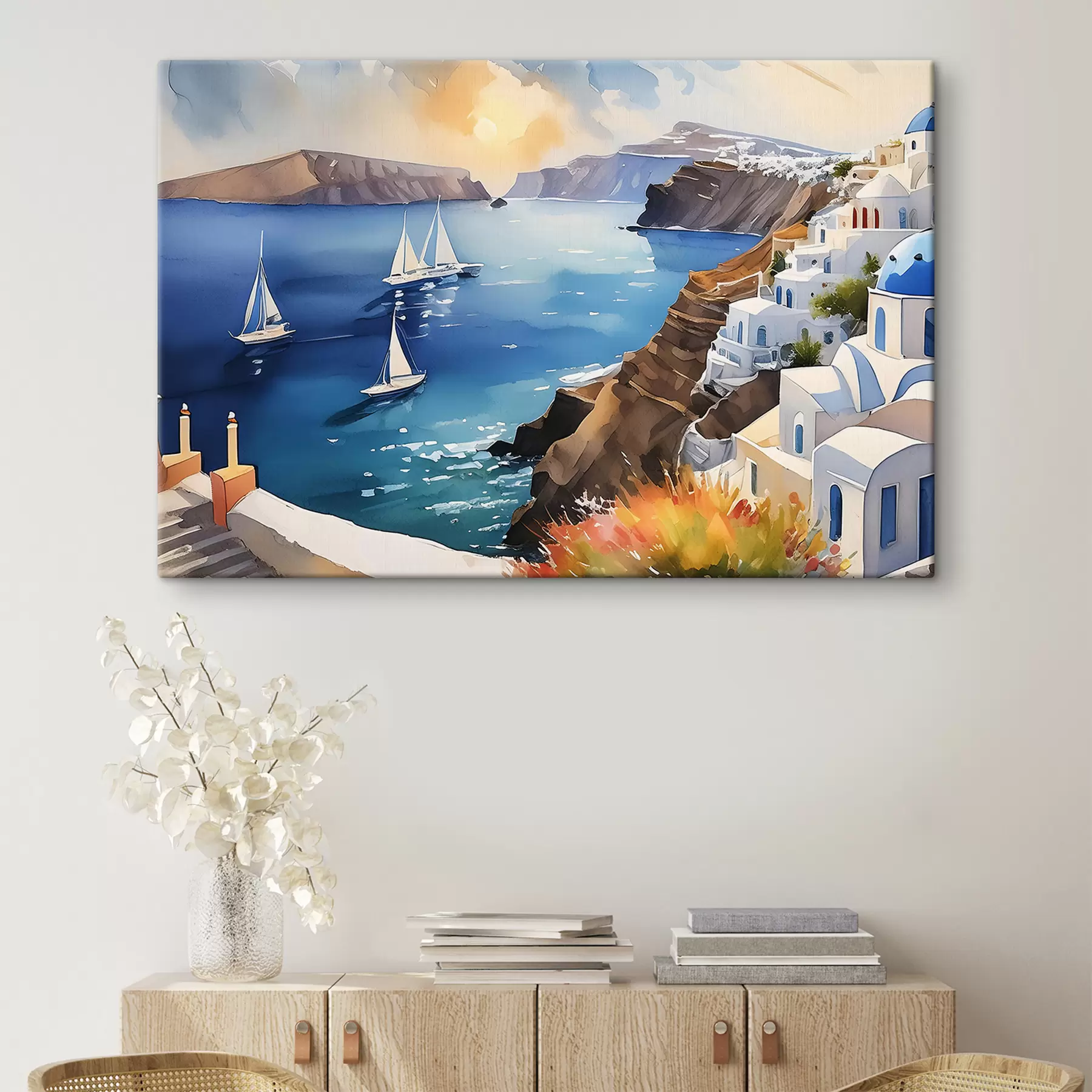 fotótapéta Santorini gyönyörű városa a tenger mellett s39303