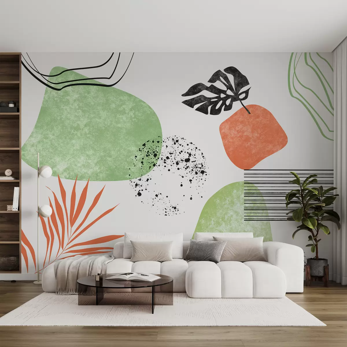 fotószőnyeg Boho absztrakció, textúra foltok, ívelt vonalak, trópusi levelek, tintafoltok, fekete, zöld és piros szín w01298