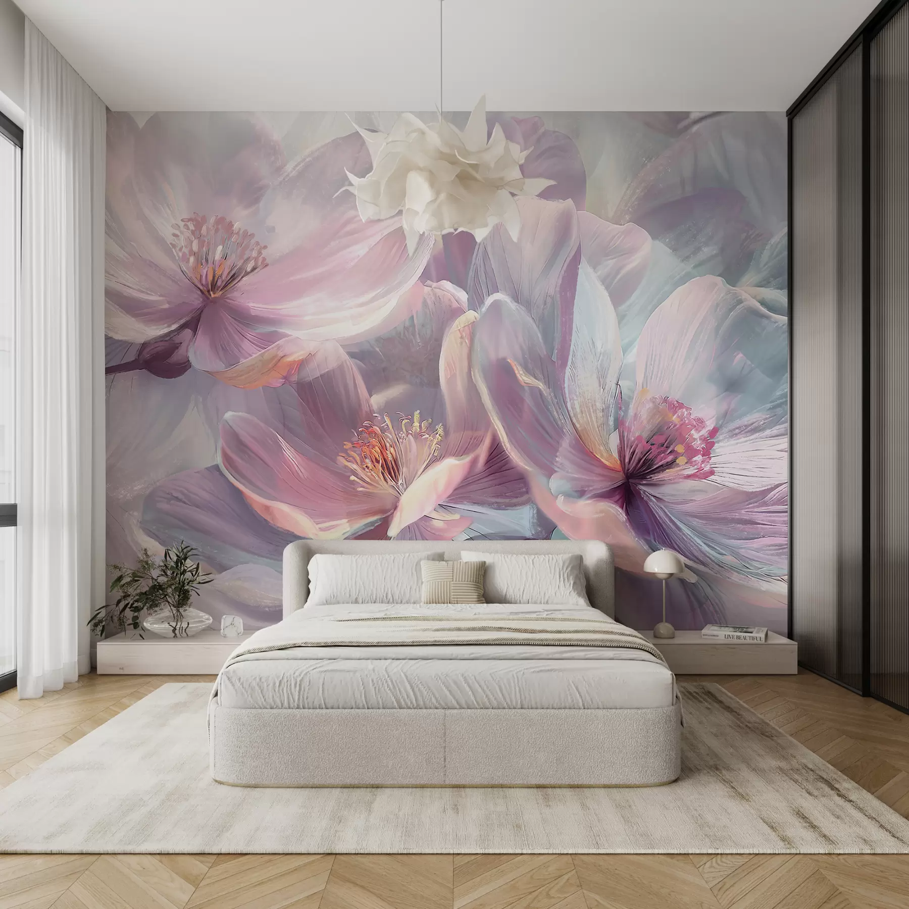 fotószőnyeg Finom átlátszó pasztell neon világos rózsaszín és fehér virágok lágy, elmosódott háttérrel w01307