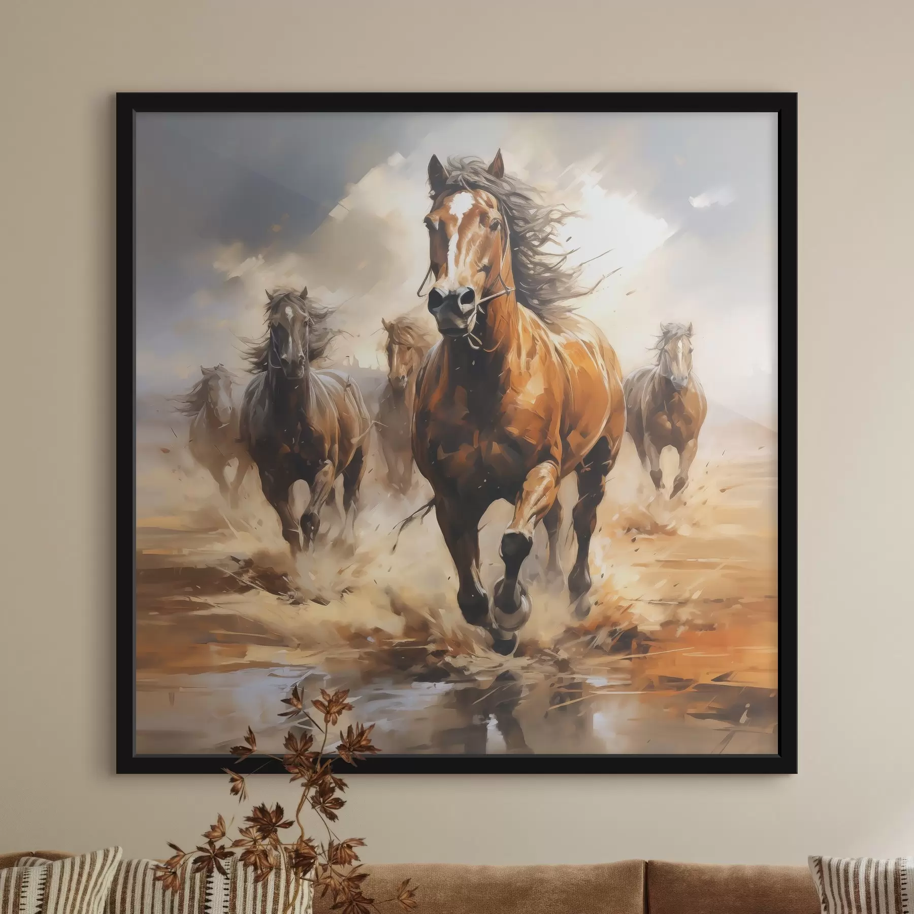 fotótapéta Lovak galoppoznak a réten olajfestmény f39436