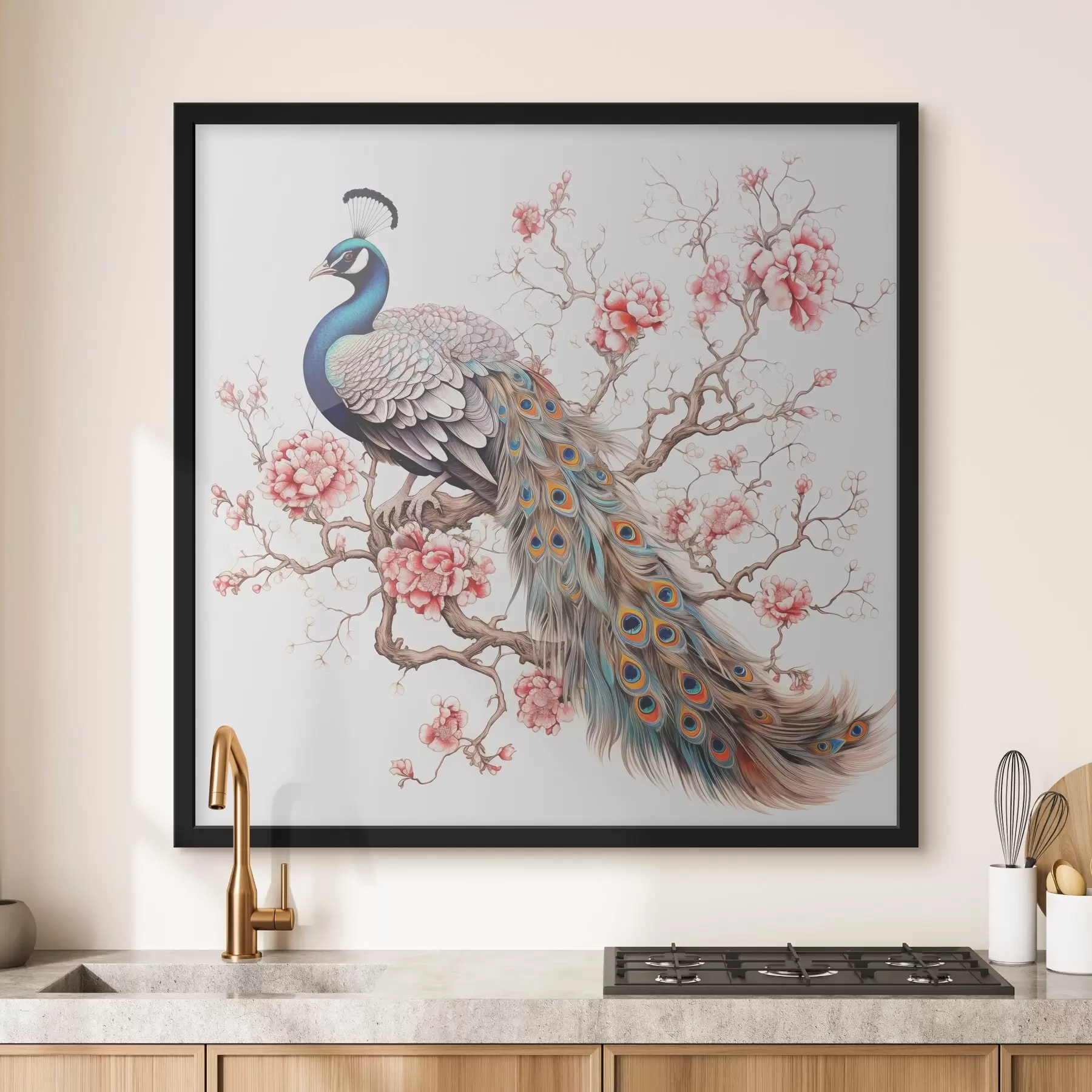 fotószőnyeg Egy páva ül egy akvarell szakura ágon f39568
