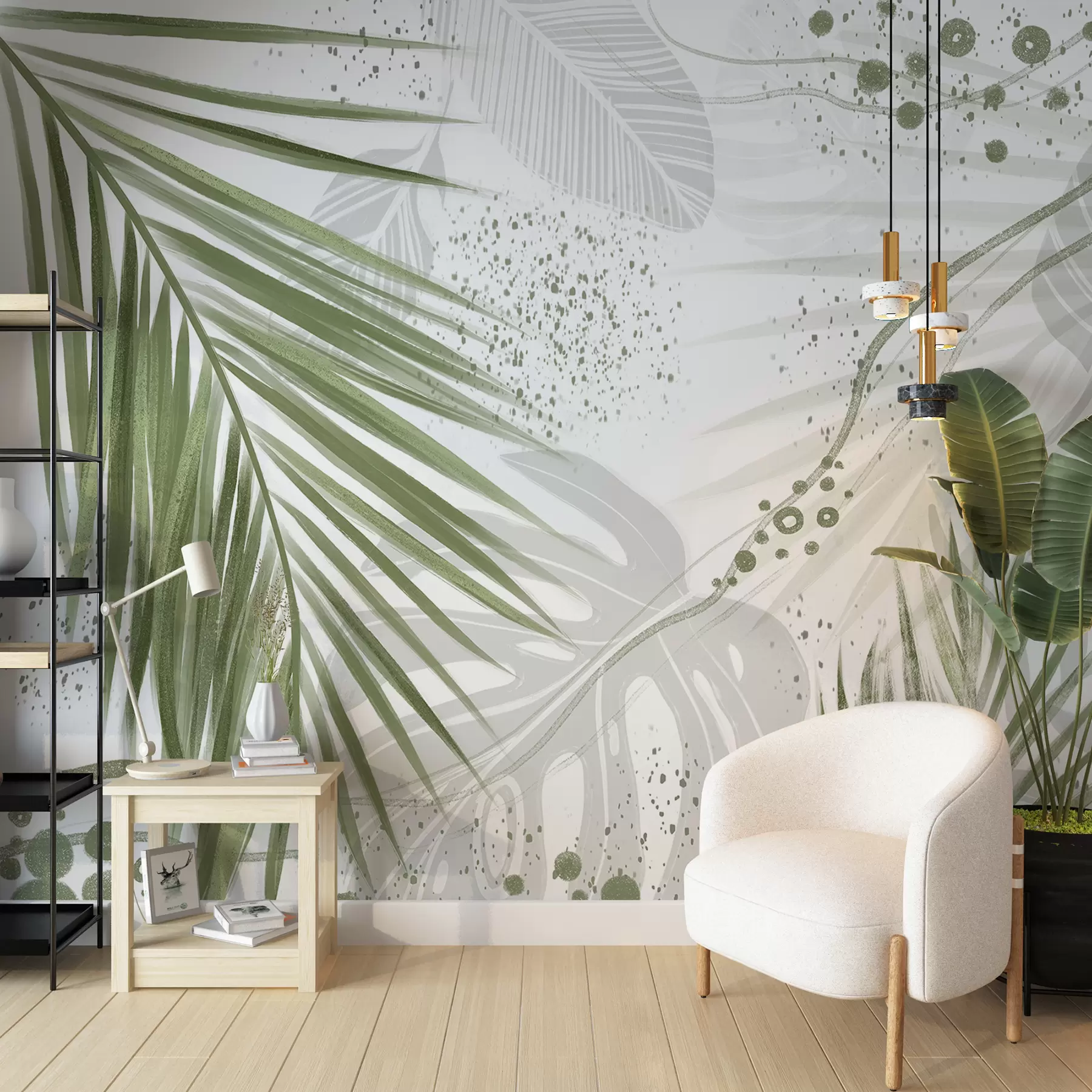 fotószőnyeg Trópusi zöld pálmalevelek és levelek, absztrakt formákkal és zöld és fehér árnyalatú fröccsökkel w07918