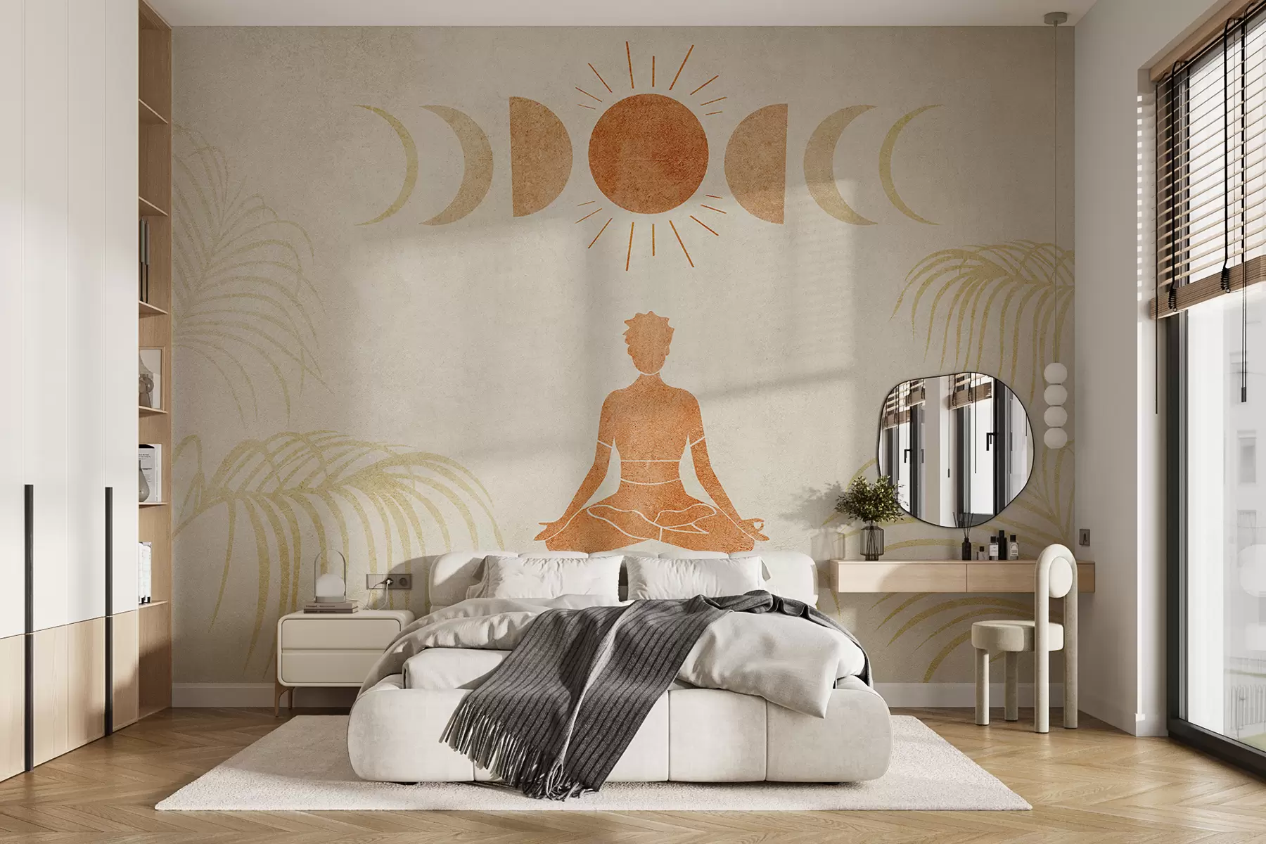 fotószőnyeg Egy lány lótusz pózban ül a holdfázisok alatt pálmalevelek, textúra, narancssárga szín, jóga között w07970