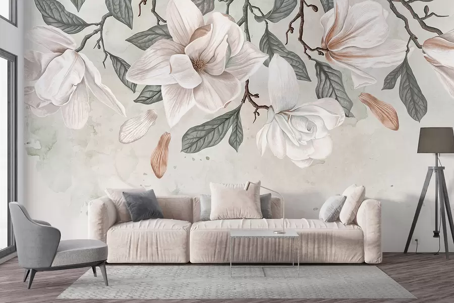 fotószőnyeg Finom rózsaszín és fehér magnólia virágok zöld levelekkel világos alapon, lágy, virágos kompozíció w07977