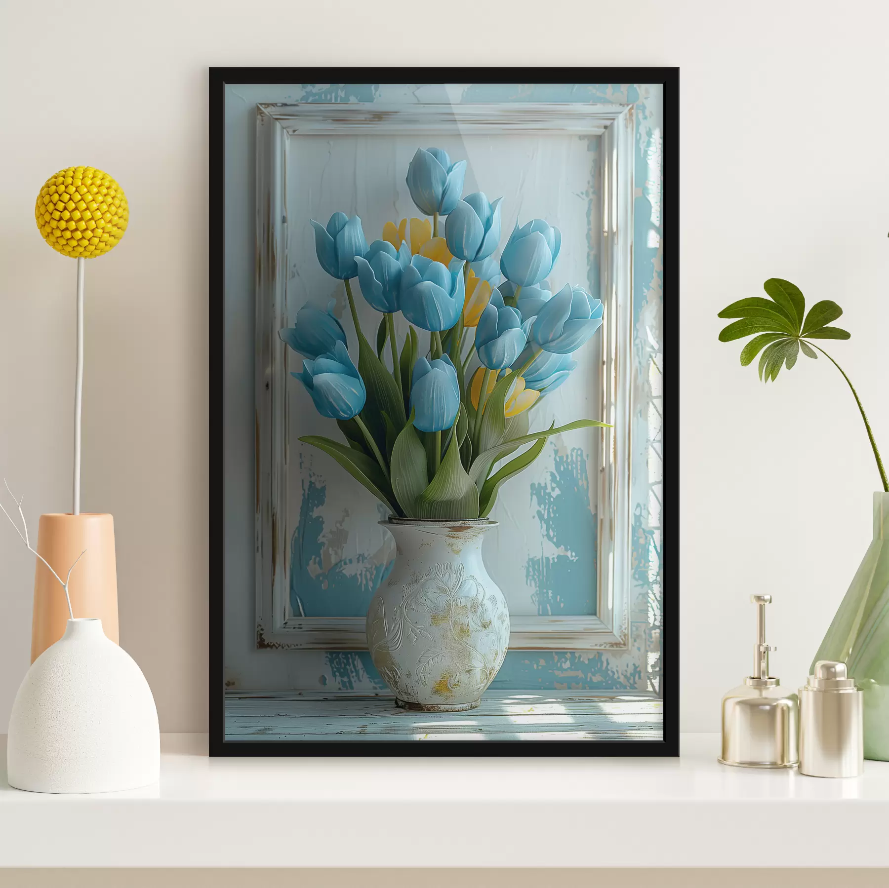 fotószőnyeg Kék és sárga tulipánok 3D-ben: elegáns fali kép fehér kerettel, fehér és világoskék háttérrel, gravírozott vázával f39636