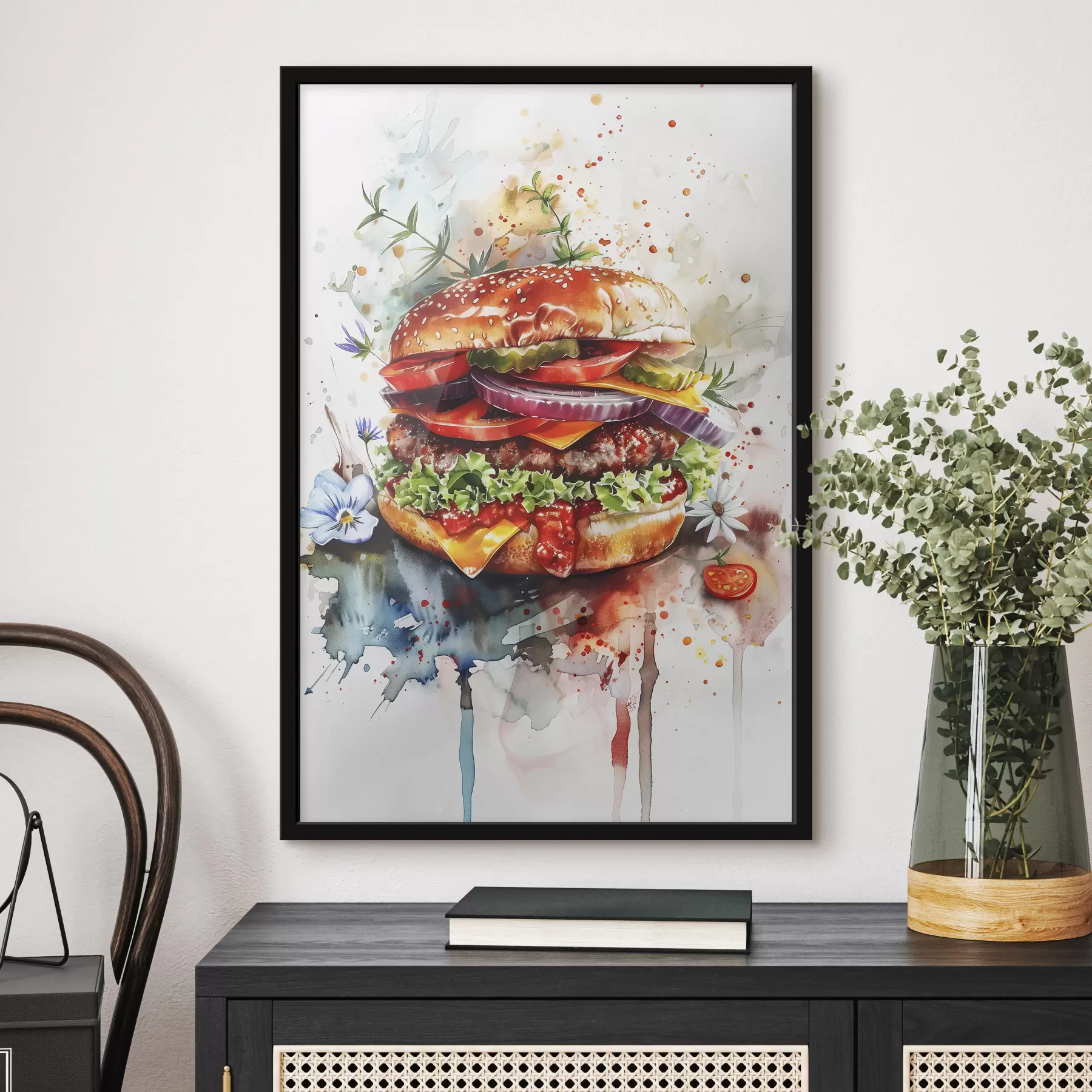 fotótapéta Ízletes burger hússal, virággal, akvarellel, ételművészettel f39699