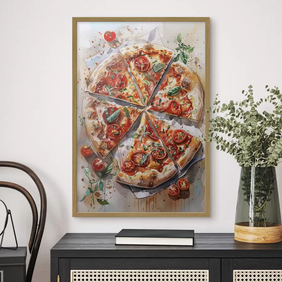 fotószőnyeg Akvarell pizza, finom, paradicsom és sajt, élelmiszer-művészet, fából készült asztal f39704