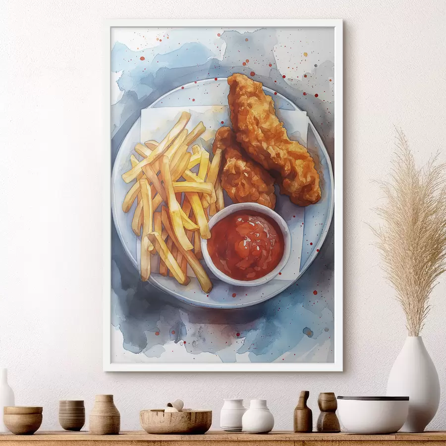 fotószőnyeg Akvarell street food, sült krumpli sült csirkével, finom f39709